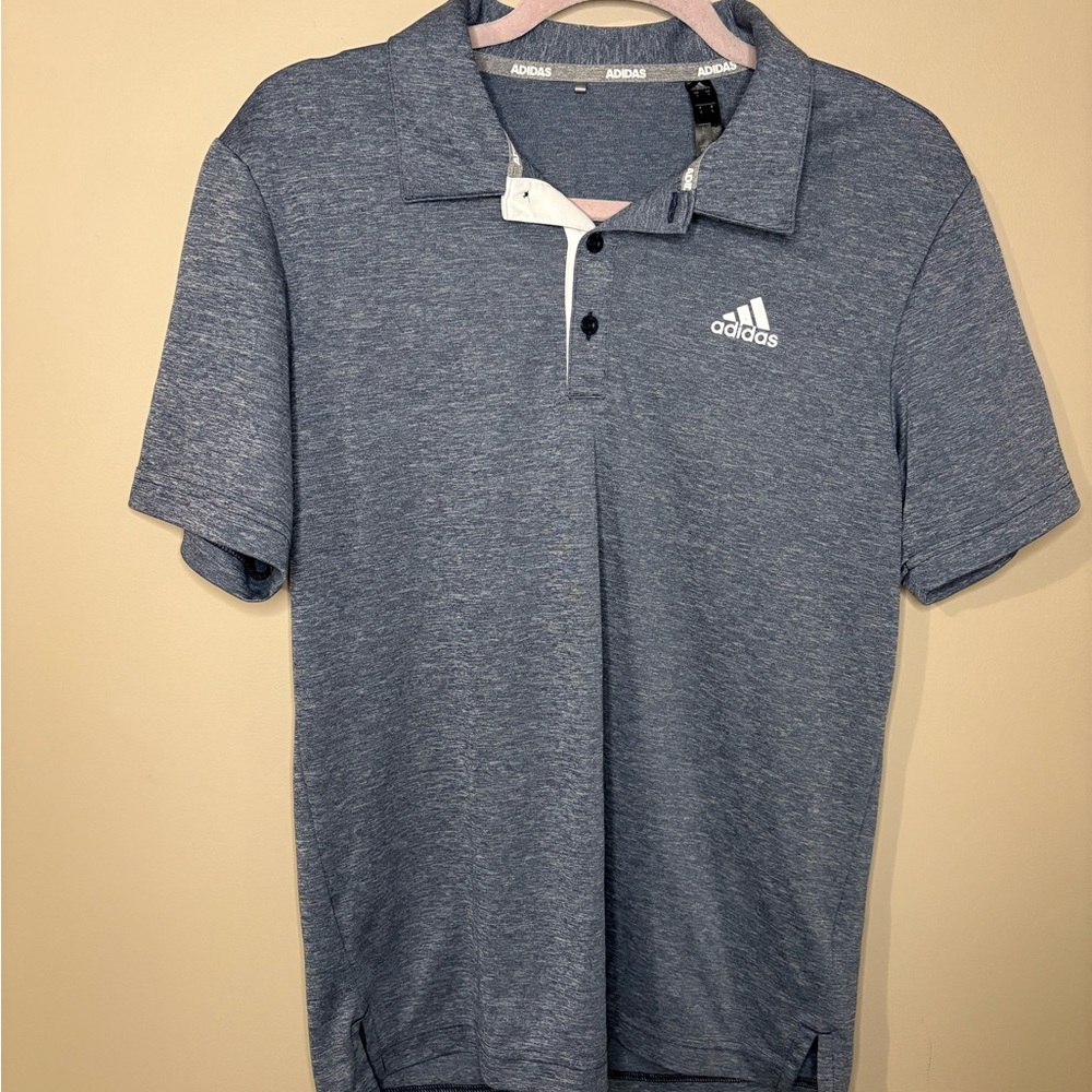 Adidas Gold Polo Shirt Men’s Small Shark Blue Heathered Athleisure Smart Casual